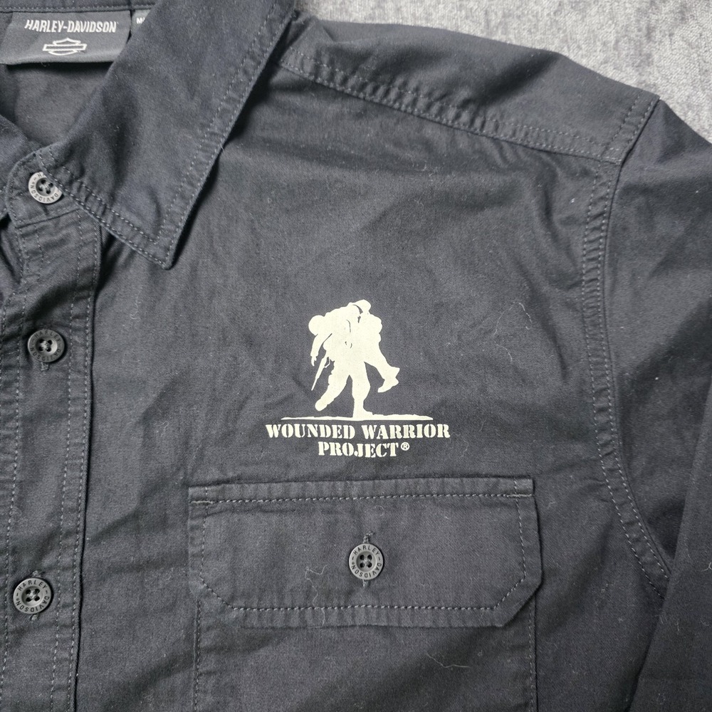 Harley Davidson Shirt Mens XL Black Button Down Wounded Warrior Project Logo - Picture 9 of 11